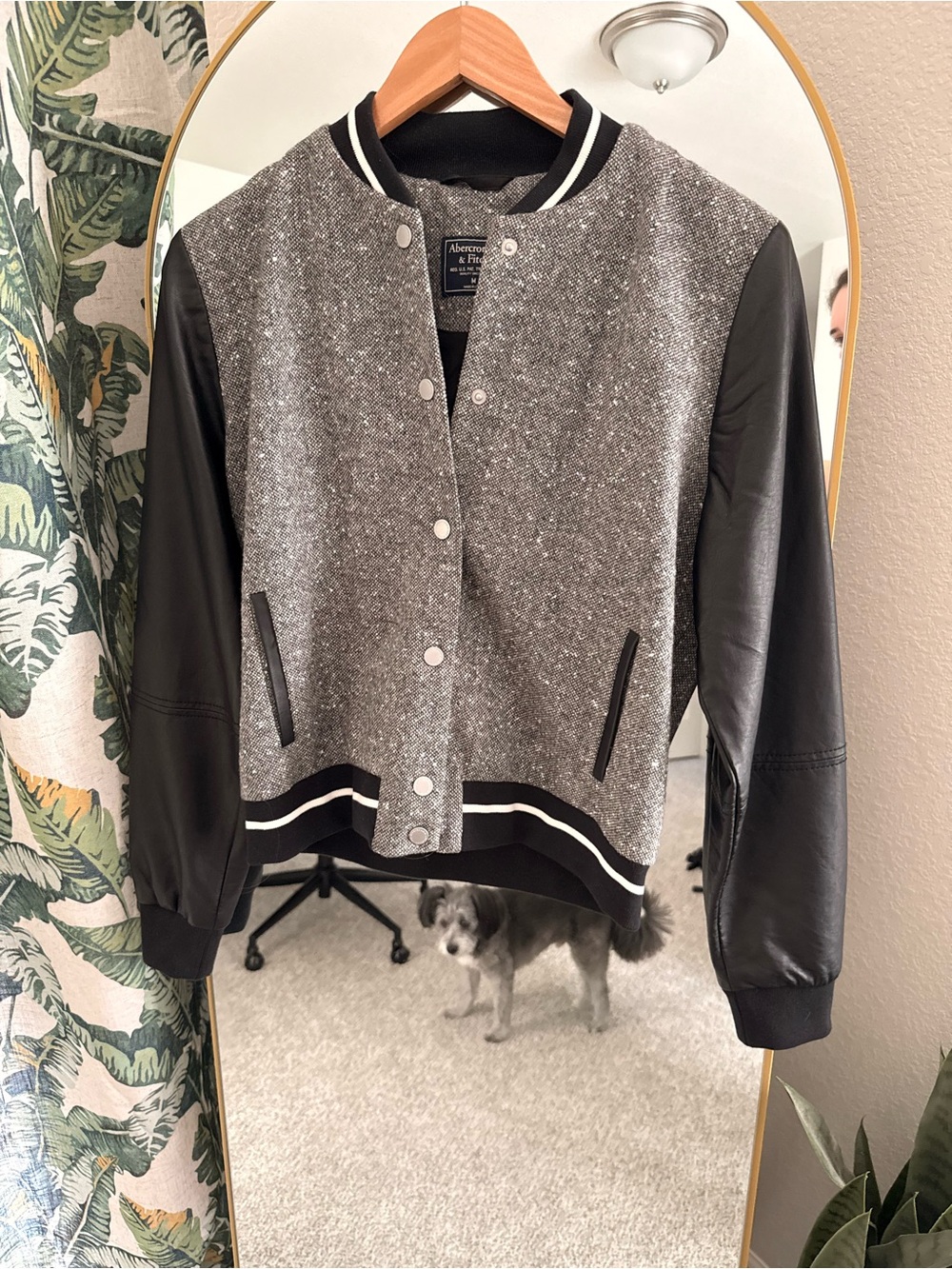 Abercrombie & Fitch Gray Tweed Bomber Jacket with Black Sleeves